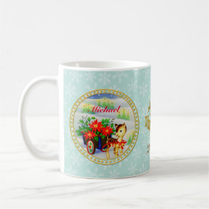 Taza De Café Adorable Carro de Flores y Reno de Navidad Vintage