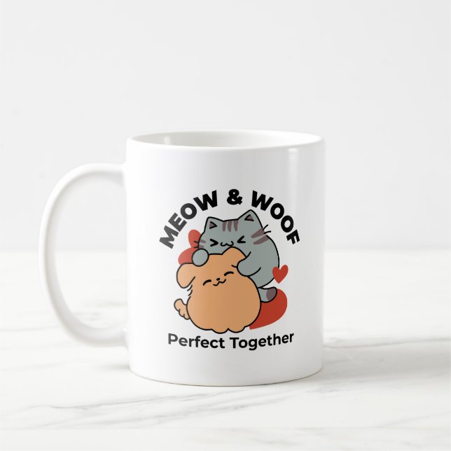 Taza De Café Adorable Cat and Dog Hug - Diseño de Meow & Woof (Izquierda)