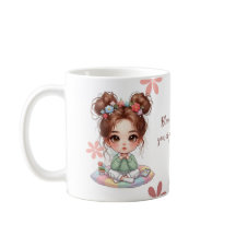 Adorable chica chibi sentada en cojín con cita