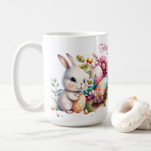Taza De Café Adorable conejo de Pascua en acuarela y texto