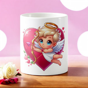 Taza De Café Adorable Cupido Volador con Corazón y Flecha 