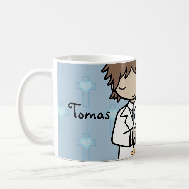 Taza De Café Adorable First Holy Communia niño nombre azul (Izquierda)