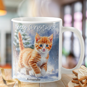 Taza De Café Adorable gatito ginger de acuarela Navidad nieve