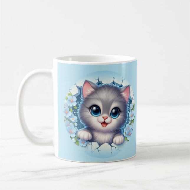 Taza De Café Adorable gato 3D asomando el diseño de la pared fl (Izquierda)