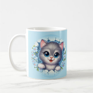 Taza De Café Adorable gato 3D asomándose a través del diseño de