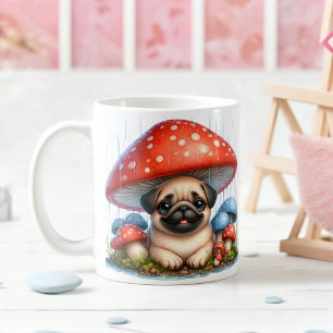 Taza De Café Adorable Pug Puppy Bajo El Paraguas Del Mushroom