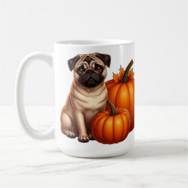 Taza De Café Adorable Pug Sentado junto a Calabazas y Hojas