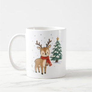 Taza De Café Adorable Reno de Navidad con Bufanda Roja