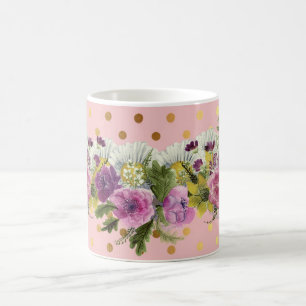 Taza De Café Adorables flores de acuarela con lunares de oro fa