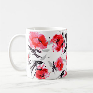 Taza De Café Adormidera roja en un fondo blanco con rayas grise