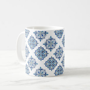 Taza De Café Adorno bordado azul sobre blanco