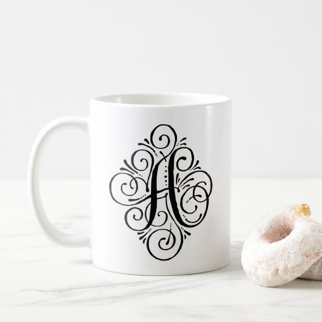 Taza De Café Adorno Monograma Floritura Personalizado (Con donut)