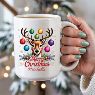 Taza De Café Adornos de reno de Navidad con nombre personalizad