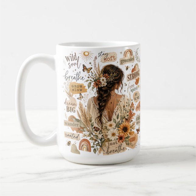 Taza De Café Afirmación floral edificante acuarela boho chic (Izquierda)