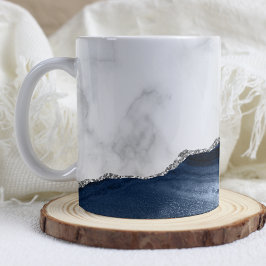 Taza De Café Agante de plata azul de la marina de mármol blanco