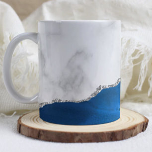 Taza De Café Ágata Azul Real Mármol Blanco con Brillo de Plata