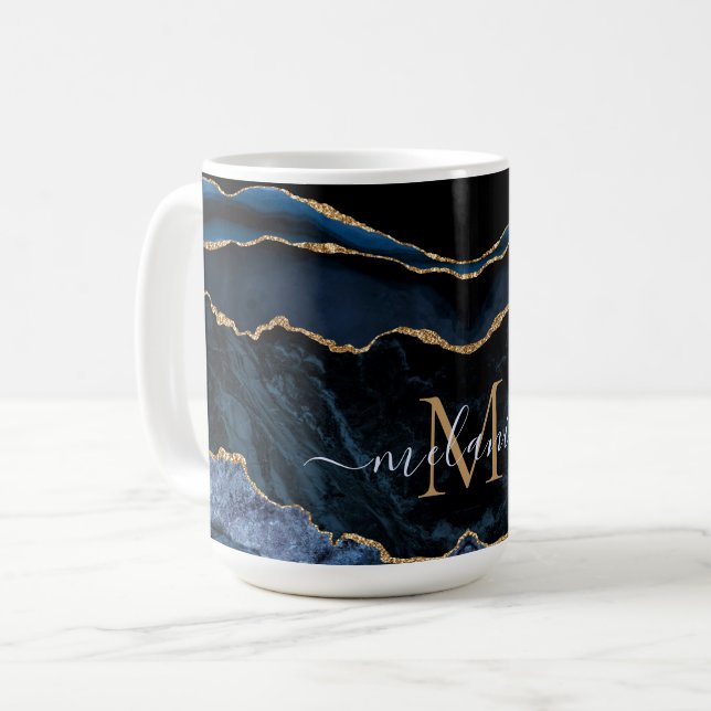 Taza De Café Agate Navy Blue Gold Gemstone Marble Monograma (Anverso izquierdo)