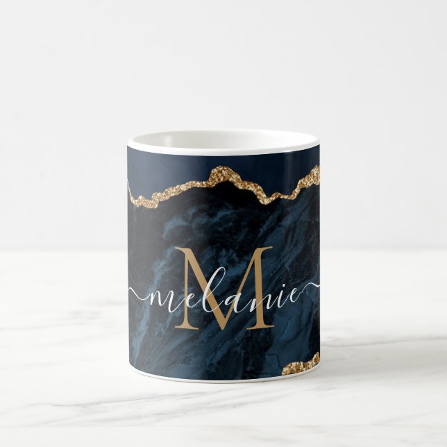 Taza De Café Agate Navy Blue Gold Tu Letra Nombre Mug (Centro)