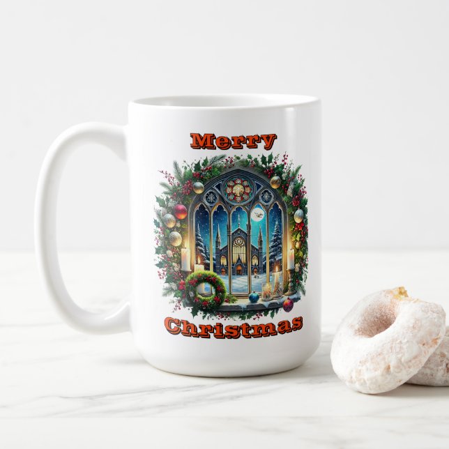 Taza De Café Agradable Ventana De Navidades Con Decoraciones De (Con donut)
