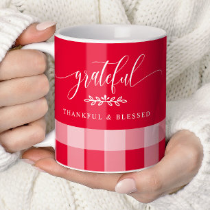 Taza De Café Agradecido Agradecida Bendecido Cuadro Rojo y Blan