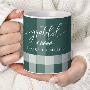 Taza De Café Agradecido Agradecido Bendecido Plaid Verde y Blan
