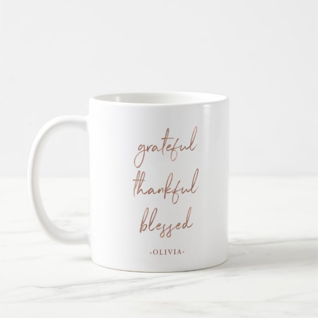 Taza De Café Agradecido Agradecimiento | Faux Rosa Gold Script (Izquierda)