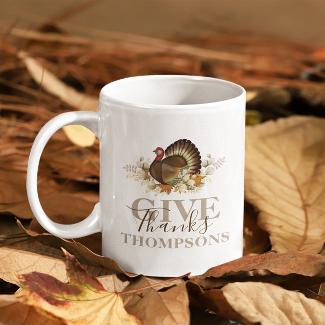 Taza De Café Agradecimiento de Acción de Gracias de Otoño (Give Thanks Thanksgiving watercolor turkey. )