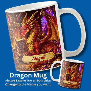 Taza De Café Agregar nombre, Dragón de fantasía con libro y caf
