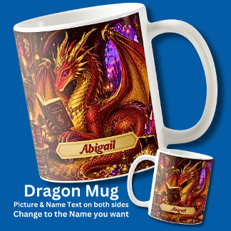 Taza De Café Agregar nombre, Dragón de fantasía con libro y caf