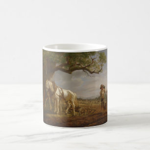 Taza De Café Agricultores descansando en un campo con caballos 