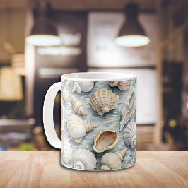 Taza De Café Aguamarina suave azul con conchas de acuarela