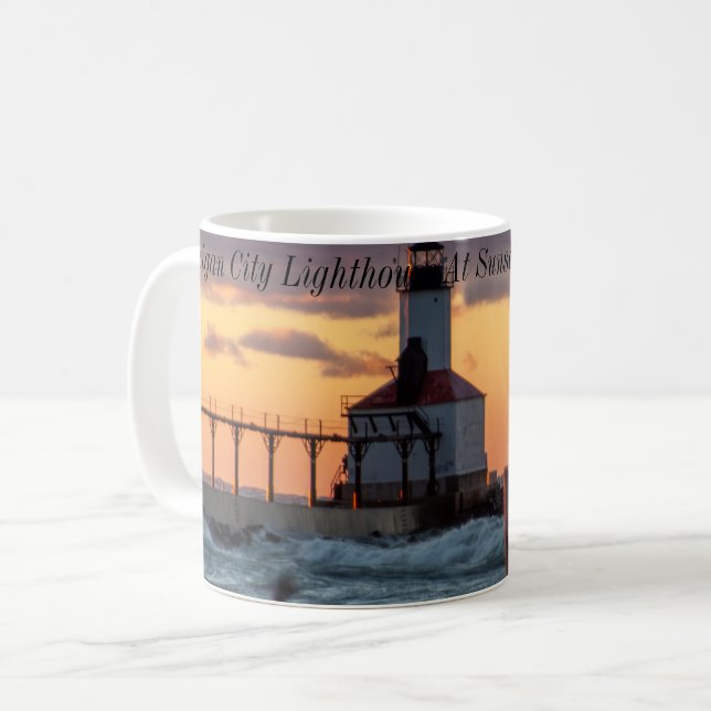 Taza De Café Aguas Duras Al Amanecer - Faro De Michigan City (Anverso izquierdo)