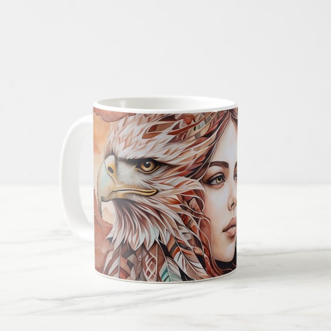 Taza De Café Águila - Mujer - Lobo - acuarela arte 1 - Diversió (Anverso izquierdo)