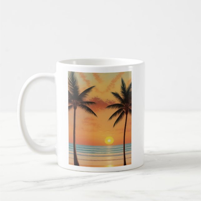 Taza De Café AI Art Morning Sunrise Beach Palm Tree (Izquierda)