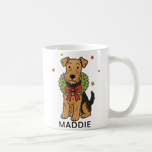 Taza De Café Airedale Terrier Christmas Wreath & Red Bow (Derecha)