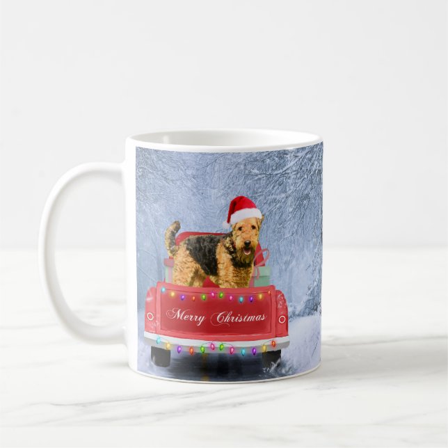 Taza De Café Airedale Terrier Dog en Nieve sentado en Navidades (Izquierda)