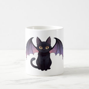 Taza De Café Alas de Murciélago Gato Negro Kawaii Halloween