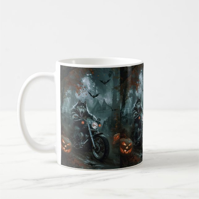 Taza De Café Alaska Malamute Monta en Motocicleta Halloween Sca (Izquierda)