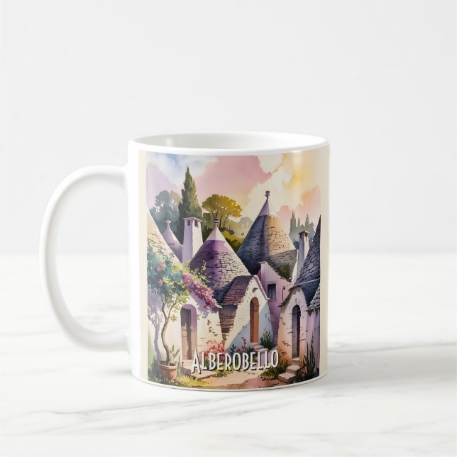 Taza De Café Alberobello Italy Trulli Watercolor Custom Text (Izquierda)