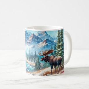 Taza De Café Alce majestuoso en paisaje montañoso nevado