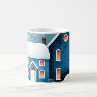 Taza De Café Aldea invernal acogedora de la luna, cabaña nevada