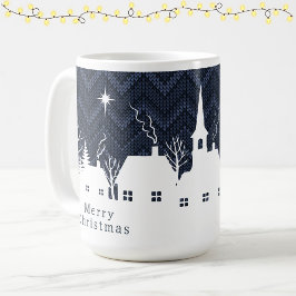 Taza De Café Aldea Navideña Azul Rústica Chevron Tejido