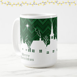 Taza De Café Aldea Navideña Verde Rústica Chevron Tejido