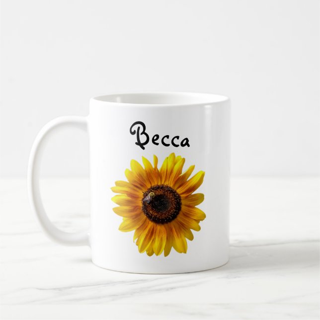 Taza De Café Alegre girasol amarillo con abeja personalizada (Izquierda)
