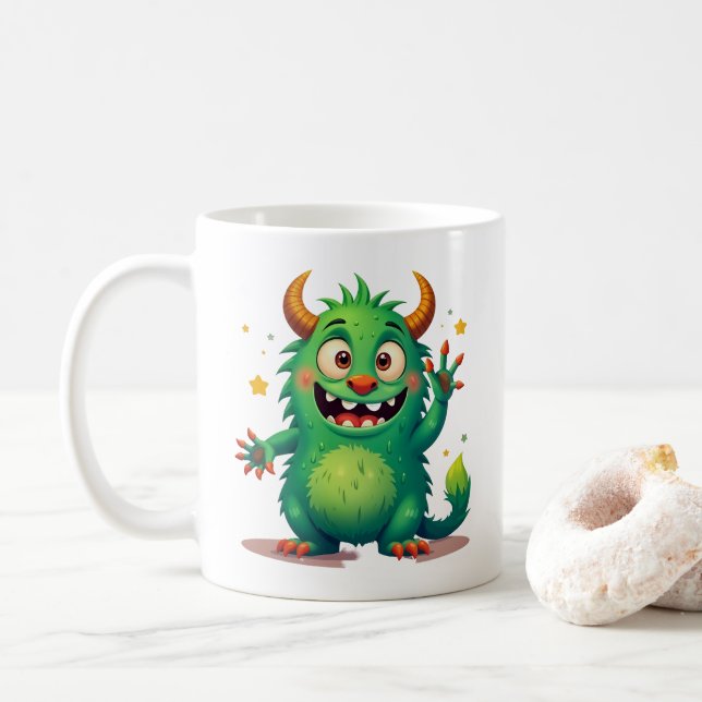 Taza De Café Alegre Monstruo Verde: Un Compañero Amigable (Con donut)