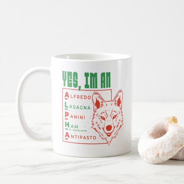 TAZA DE CAFÉ ALFA WOLF ITALIANO COMIDA SÍ SOY ALFA (Con donut)