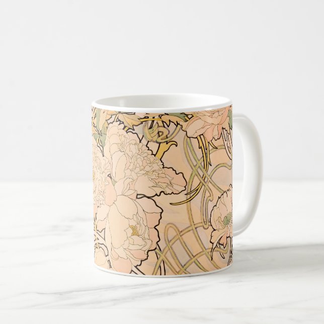 Taza De Café Alfonse Mucha Art Nouveau Peonies (Anverso derecho)