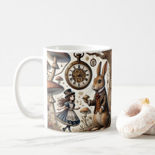 Taza De Café Alicia en arte de té de conejo blanco (Con donut)