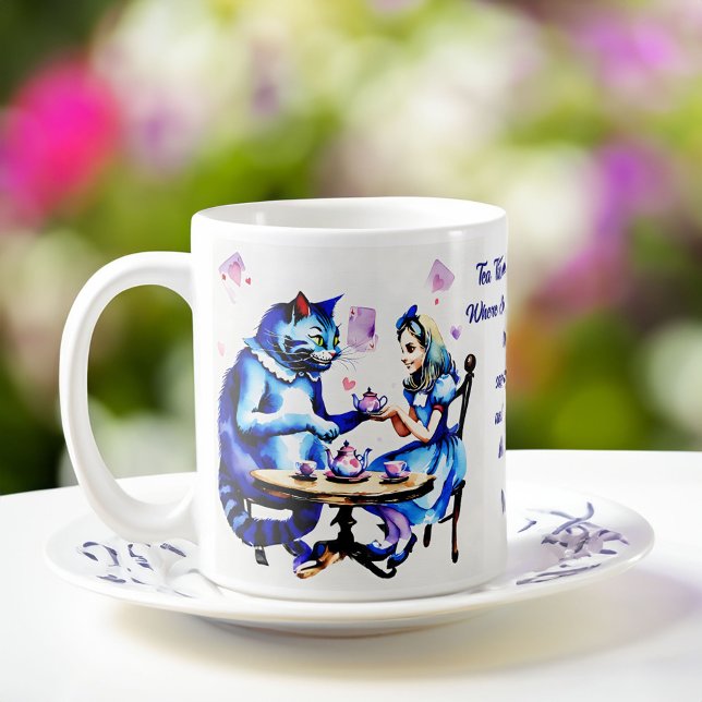 Taza De Café Alicia en los favores de la fiesta con temática de (Alice in wonderland themed party favors personalized name coffee mug Cheshire cat and Alice tea time)
