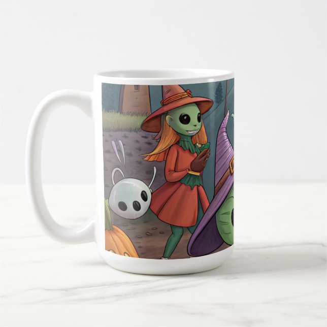 Taza De Café Aliens Celebrate Halloween on Earth – Cosmic Costu (Izquierda)